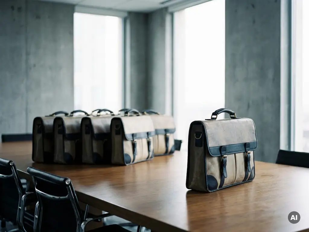 Einzelne Ledertasche auf poliertem Konferenztisch, abseits identischer Taschen, Berliner Büro mit Tageslicht und flacher Schärfentiefe.