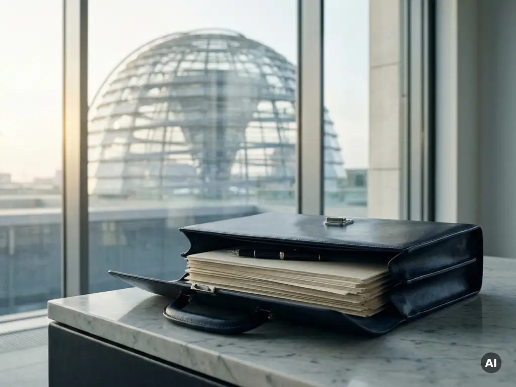 Geöffnete Ledertasche mit Dokumenten und Füllfederhalter auf Marmortisch, Reichstagskuppel im Hintergrund, Berliner Büroatmosphäre.