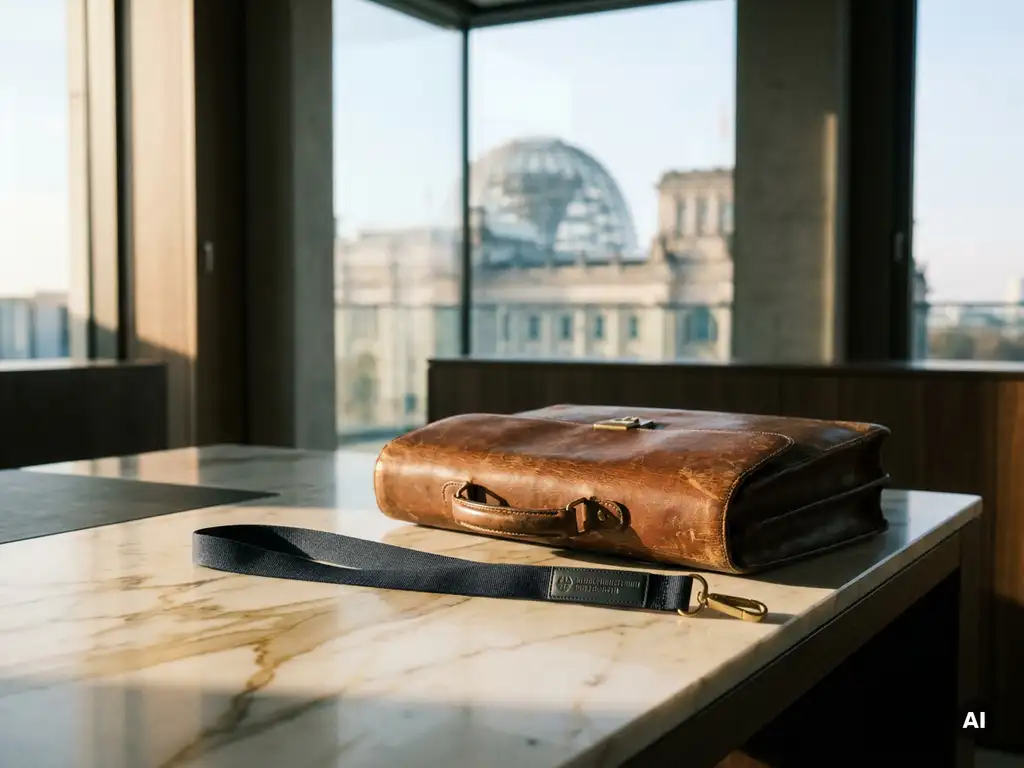 Verwitterte Ledertasche und Ministeriums-Lanyard auf Marmortisch in Berliner Büro, Reichstagskuppel im Hintergrund.