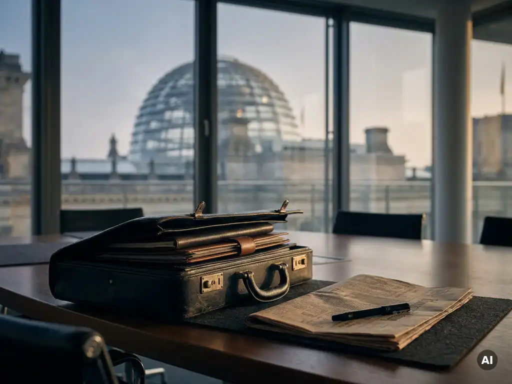 Geöffnete Ledertasche auf Konferenztisch mit gefalteter Zeitung und Architekturstift, Reichstagskuppel im Hintergrund sichtbar.