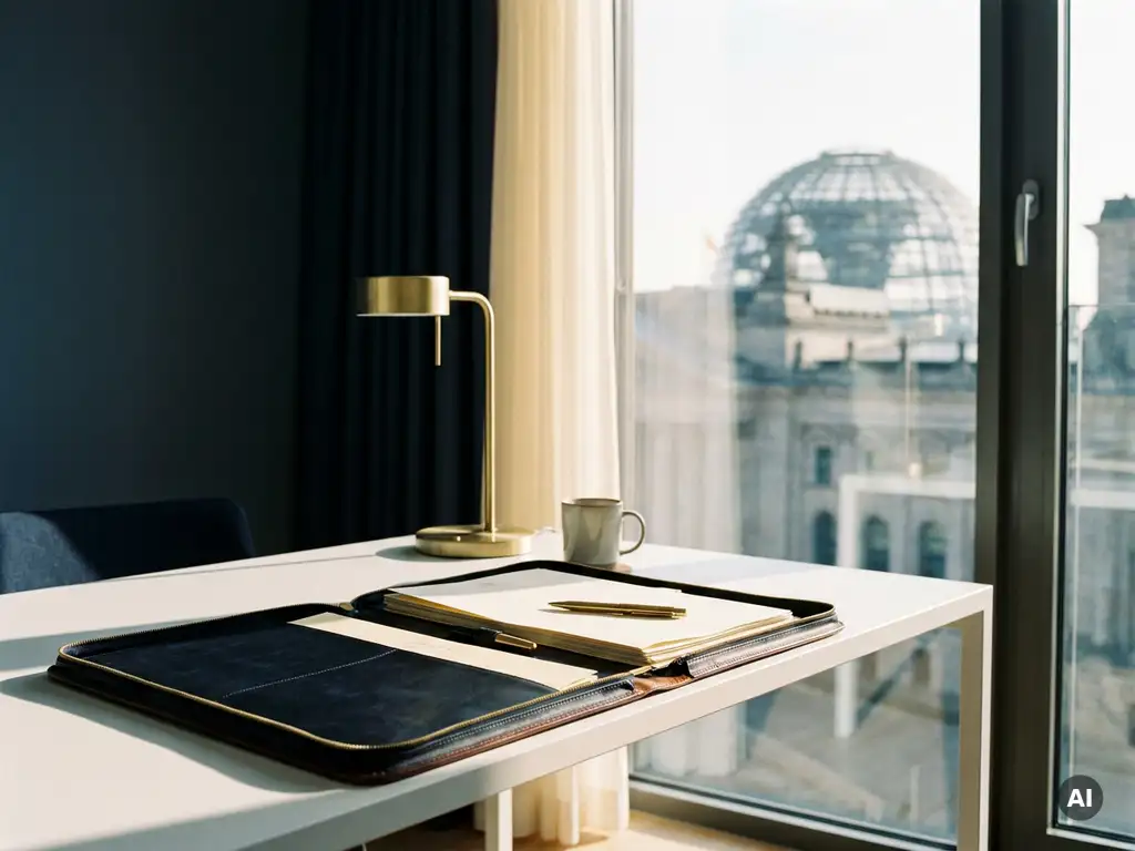 Aufgeklapptes Leder-Portfolio auf minimalistischem Schreibtisch mit Blick auf die Reichstagskuppel im Morgenlicht.