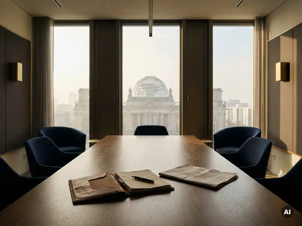 Aufgeschlagenes Leder-Dossier mit Füllfederhalter auf Eichentisch in Berliner Büro, Reichstagskuppel im Hintergrund.
