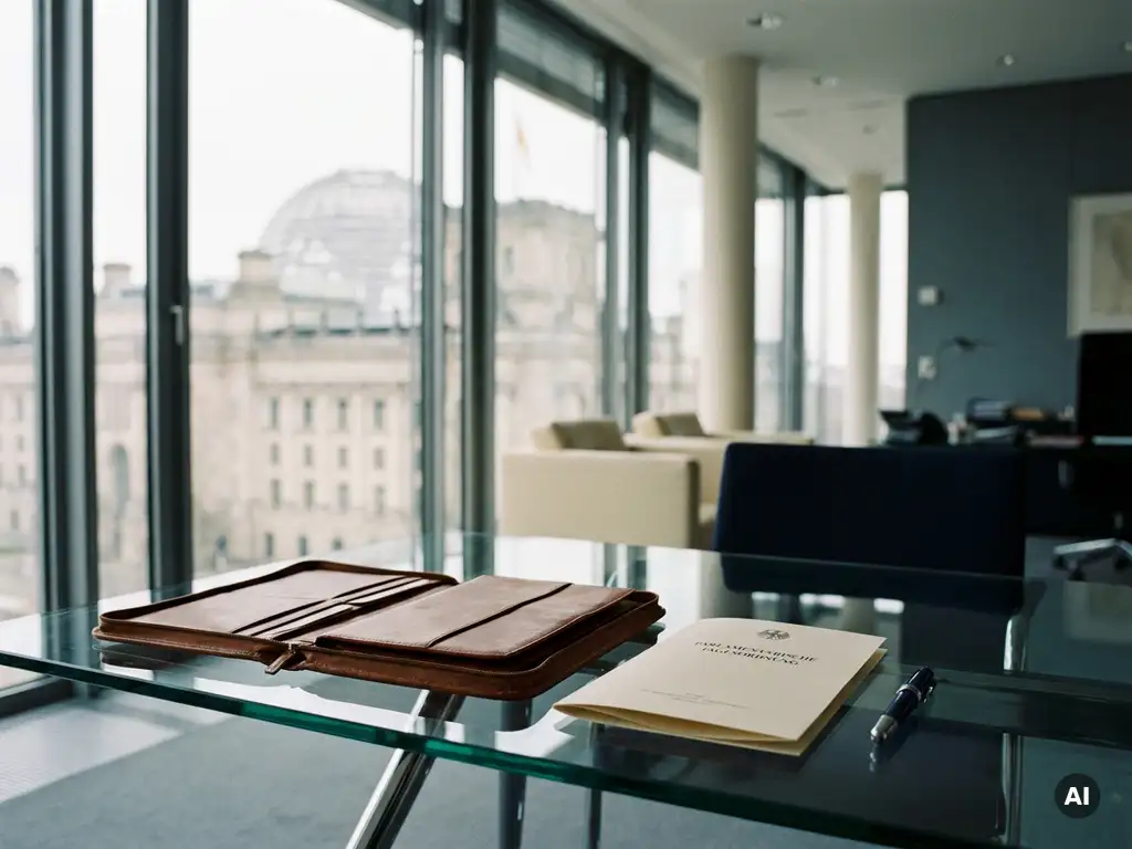 Geöffnetes Lederportfolio auf Glasschreibtisch in Berliner Büro mit parlamentarischer Tagesordnung, Füllfederhalter und Reichstagskuppel im Hintergrund.