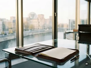 Aufgeklapptes Lederportfolio mit Füllfederhalter auf Glasschreibtisch in Berliner Regierungsbüro, Reichstagskuppel im Hintergrund.