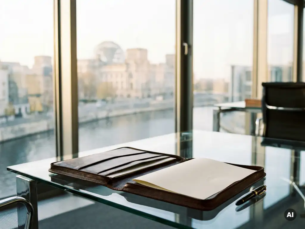 Aufgeklapptes Lederportfolio mit Füllfederhalter auf Glasschreibtisch in Berliner Regierungsbüro, Reichstagskuppel im Hintergrund.