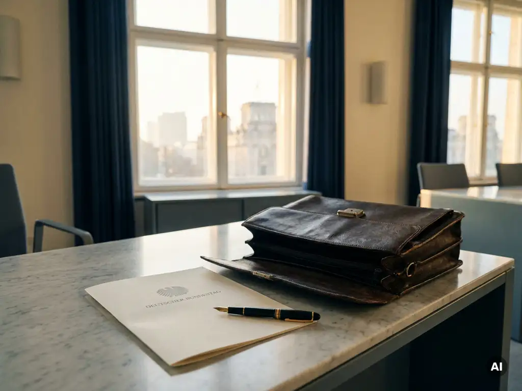 Offene Ledertasche auf Marmortisch mit gefaltetem Bundestag-Dokument und Füllfederhalter im Berliner Büro bei Morgenlicht.