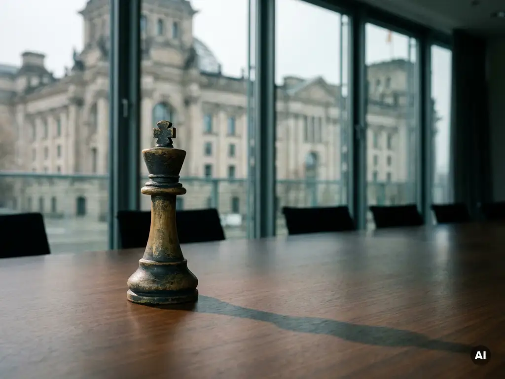 Verwitterte Schachkönigsfigur wirft langen Schatten auf dunklen Konferenztisch, Berliner Regierungsgebäude im Hintergrund.