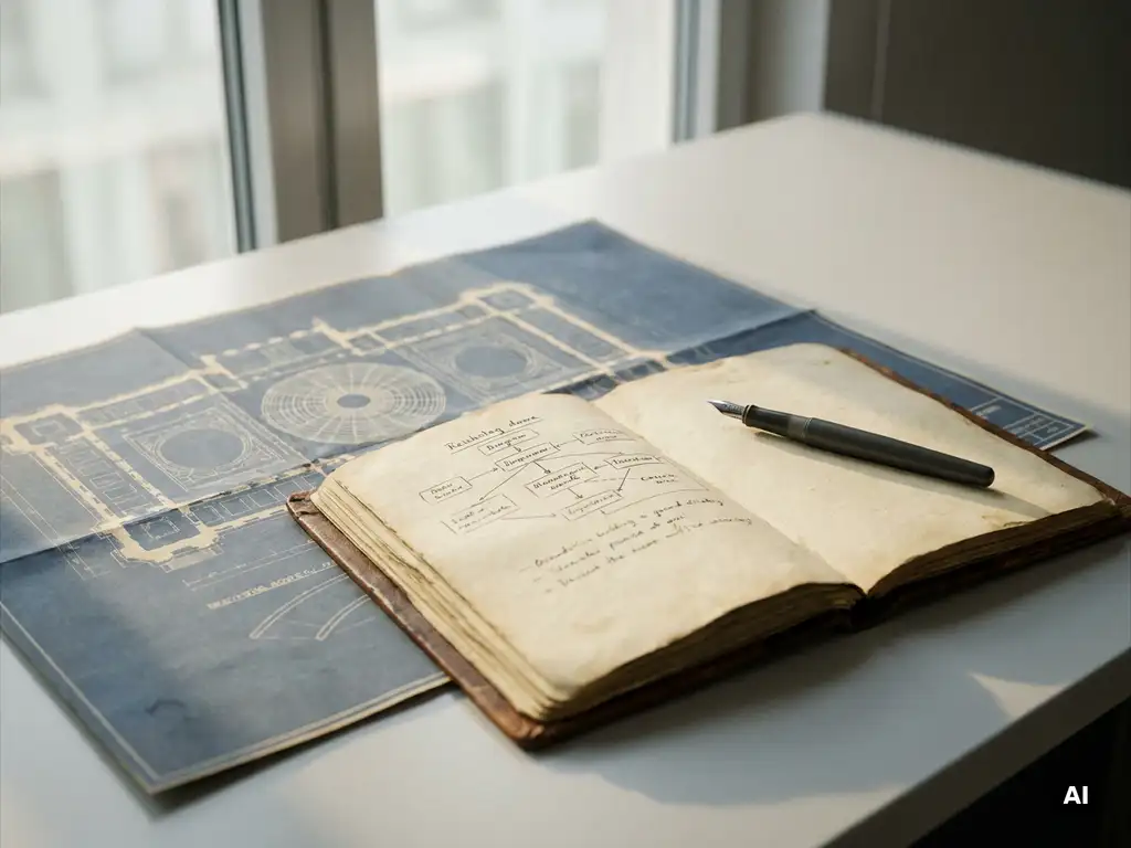 Aufgeschlagenes Leder-Notizbuch auf Berliner Schreibtisch, Reichstagskuppel-Grundriss darunter, Füllfederhalter diagonal platziert, weiches Tageslicht.