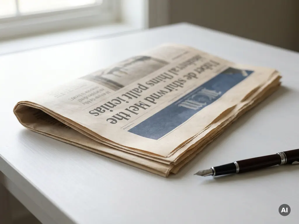 Aufgefaltete Broadsheet-Zeitung auf weißem Schreibtisch neben Füllfederhalter, weiches Morgenlicht, warme Elfenbein- und Anthrazittöne.